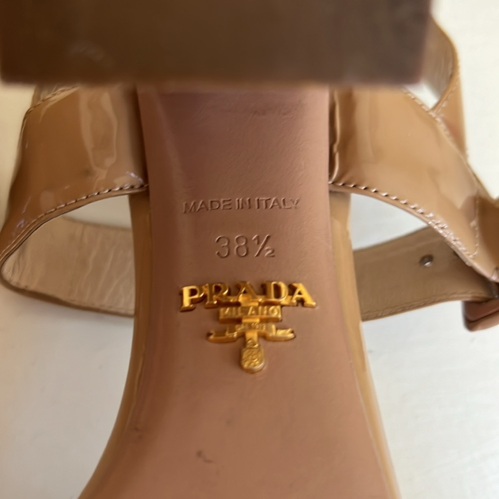 Authentic Prada tan patented leather sandals with 3 inch heel. Size 38.5